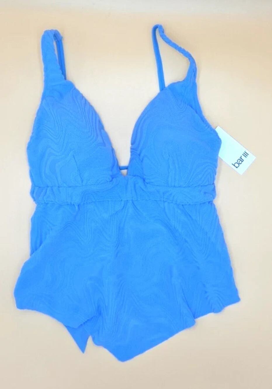 Bar III Blue Textured Hankey Hem Tankini Swim Top Sz Large Tie Back Plunge NWT
